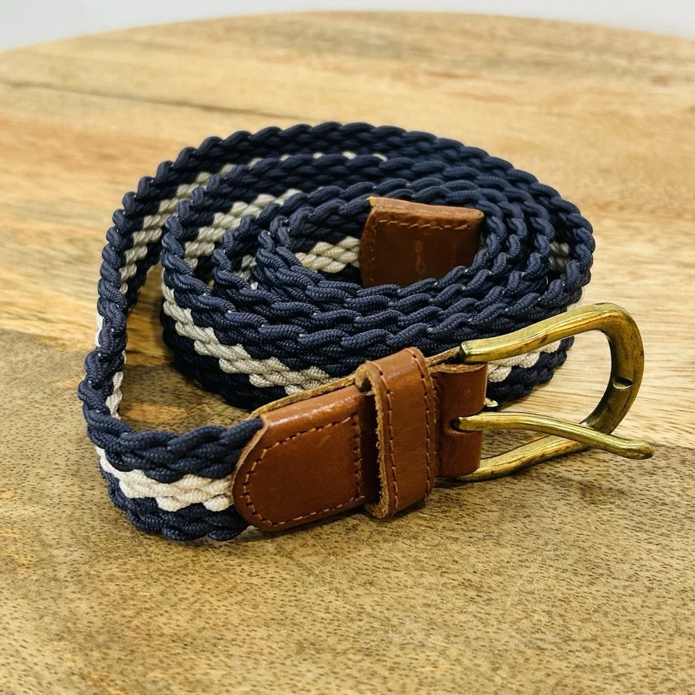 Vintage J. CREW Striped Elastic Webbed Belt Men's Large Nautical Brown Leather